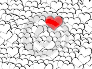 Background with red heart highlighted in the middle of white hearts