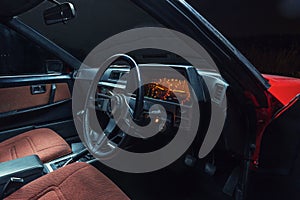 Background  red old racing car inside tuning sports steering wheel