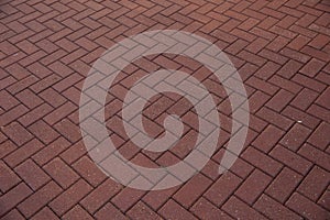 Red paving stones. Pavement cobbled red paving