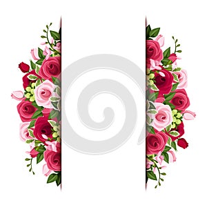 Background with red and pink roses and freesia flo