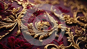 background of red raw canvas fabric with golden embroidered arabesques folded into sinuous curves