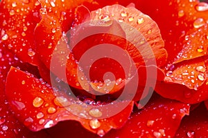 Background from red rose petals. Flower texture. Rose petals in dew drops.