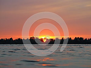 Background of red sunset at water with skyline of trees