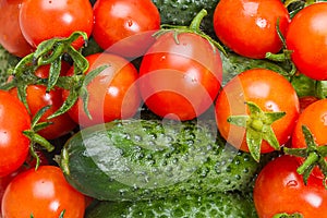 Background of red tomatoes and green cucumber