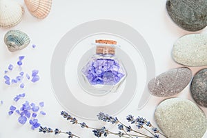 Background for relax. Flowers of lavender, sea salts, seastone on the white background