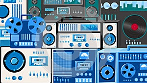 Background from retro old vintage hipster music tech audio equipment tape recorders from 80s, 90s. Video 4k, motion design