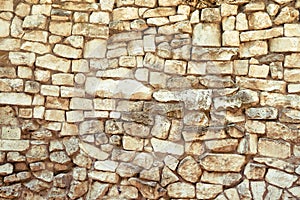 Background of retro stone wall, masonry texture of large cobblestones