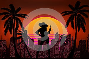 Background in retro wave style with evening sun and silhouette of woman with revolver, city on the horizon and palm trees