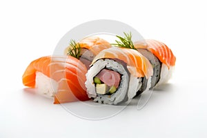 background rice seafood set sushi fish healthy roll food white japanese. Generative AI.