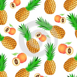 Background with ripe tropical fruits - pineapples and peaches