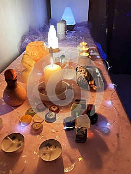 Background ritual healing, crystals,  stones, candles.
