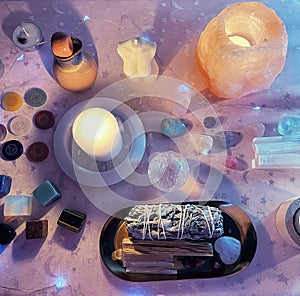 Background ritual healing, crystals, stones, candles.