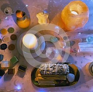 Background ritual healing, crystals, stones, candles.