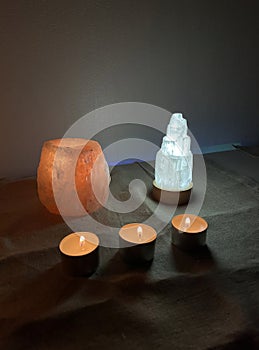 Background ritual healing, crystals, stones, candles photo