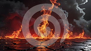 The background of the roaring fire is dramatic and intense, symbolizing the depths of hell.