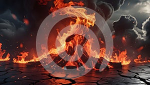 The background of the roaring fire is dramatic and intense, symbolizing the depths of hell.