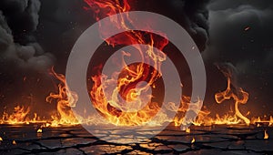 The background of the roaring fire is dramatic and intense, symbolizing the depths of hell.