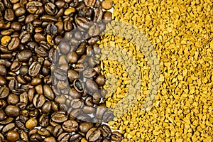 Background of roasted coffee beans and instant coffee granules