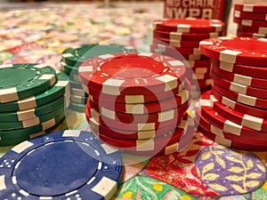 Background rows of different poker chips