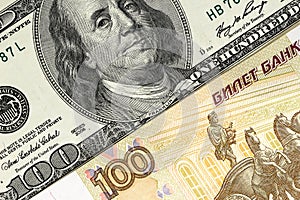 Background from rubles and dollars. close up