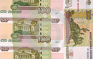 background of Russian banknotes of 100 rubles, close-up macro