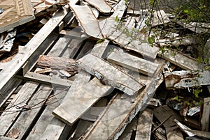 Background of sawn birch boards, trash in a heap