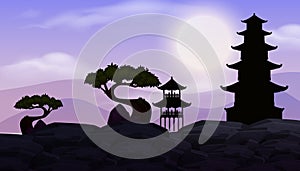 Background scene with dark sky and japanese temple