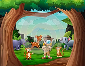 Background scene with explorer boy and animals