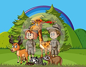 Background scene with park rangers and wild animals