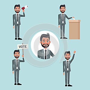 Background scene set people bearded man in formal suit in different poses for vote candidacy