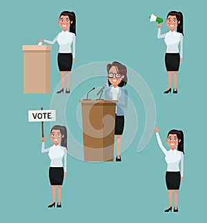 Background scene set people female in formal suit in different poses for vote candidacy