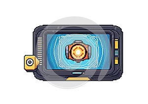 The background of the screen is a gradient of blue with circular patterns