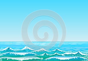 Background with sea landscape with clear blue sky and sea with waves in the foreground. Digital art.