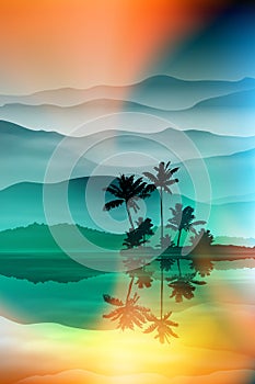 Background with sea and palm trees at night