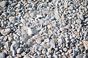 Background from sea pebbles on the beach, close-up. Small and big roundish smooth stones. Texture of beach pebbles for a