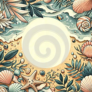 Background with sea shells and sand. AI