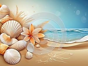 Background with sea shells and sand. AI