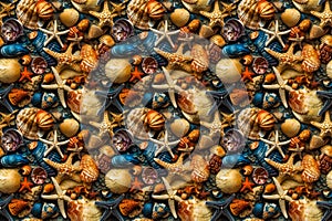 Background from sea shells, snails and a starfish.AI generated