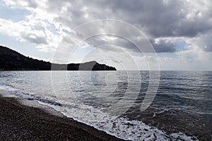 Background with sea waves and sandy beach.