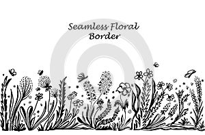 Background with seamless border in floral style black on white