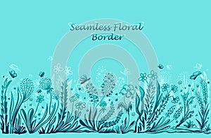 Background with seamless border in floral style in blue