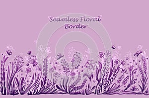 Background with seamless border in floral style in lilac pink
