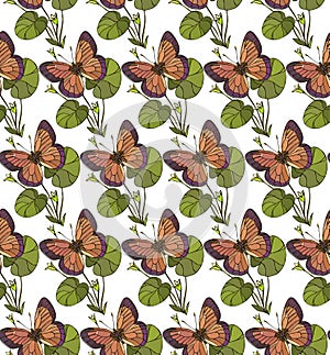 background seamless pattern with butterflies leaves and grass