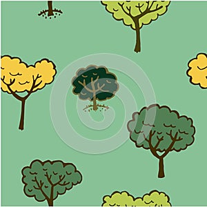 Background seamless pattern of colorful trees in different seasons on a light green background hand-drawn illustrati