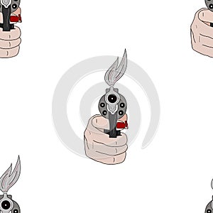 Background seamless pattern with gun the hand of a girl with a red manicure with smoke from a gun shot.