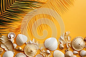 Background with seashells, starfish and palm leaves. Summer vacation on beach, travel and holiday concept