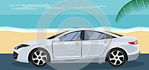 Background of a sedan car parked on the beach in summer