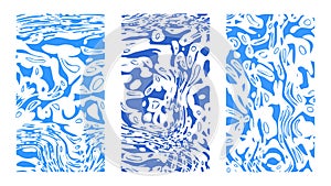 Background set, cartoon marine, heavenly abstract backgrounds. Vertical blue wavy water surface, illusion, curvature. Liquid paint