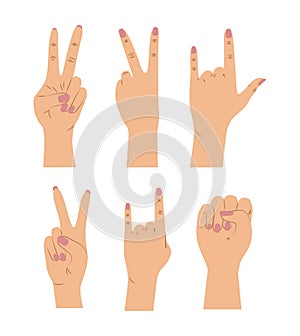 Background with set of female hands signals in skin color