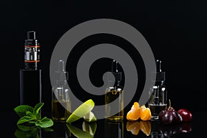 background with a set of fruit flavors with reflection on the surface for an electronic cigarette